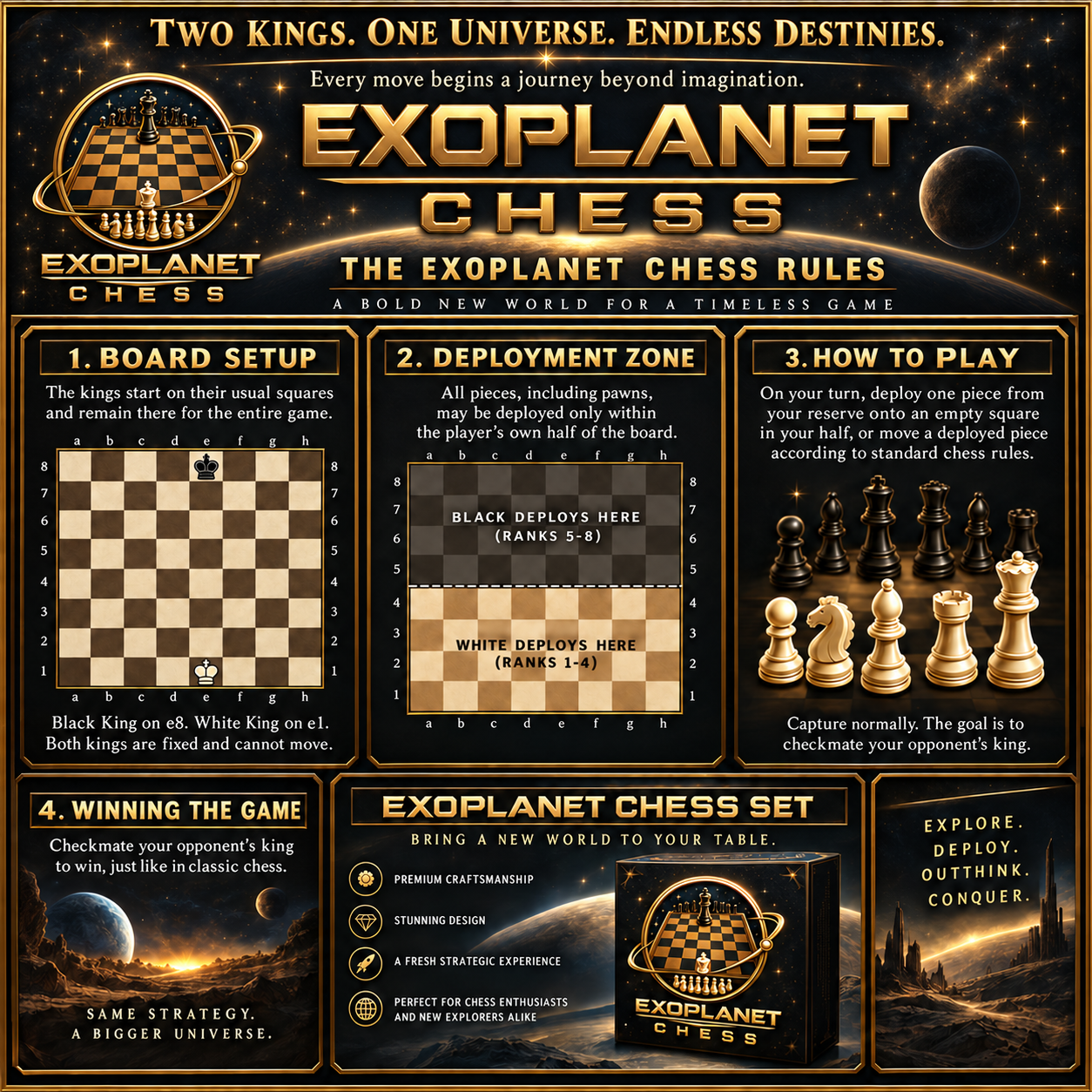 Exoplanet Chess rules poster showing the two kings on the board, reserve-piece deployment zones, standard movement, and checkmate objective